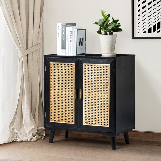 Boho Rattan Accent Storage Cabinet with 2 Doors & Wood Legs