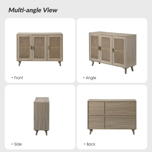 Boho Accent Storage Cabinet with 3 Natural Rattan Doors