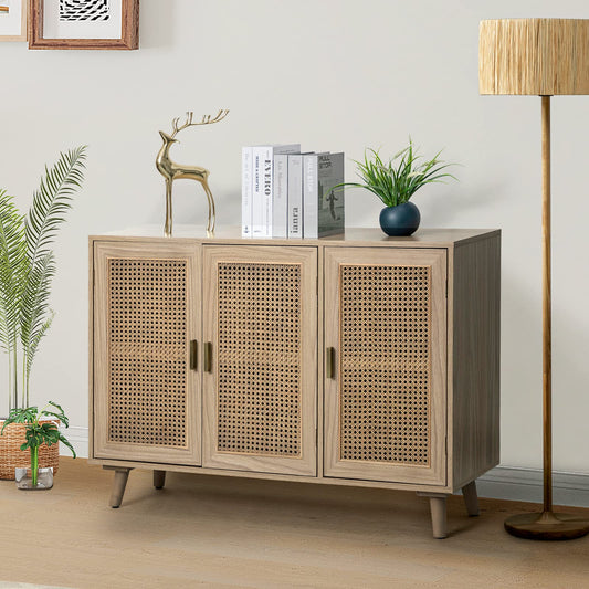 Boho Accent Storage Cabinet with 3 Natural Rattan Doors