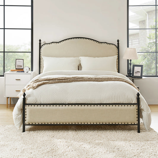 Farmhouse Upholstered Platform Metal Bed Frame with High Headboard&Pillow