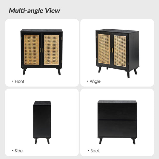 Boho Rattan Accent Storage Cabinet with 2 Doors & Wood Legs