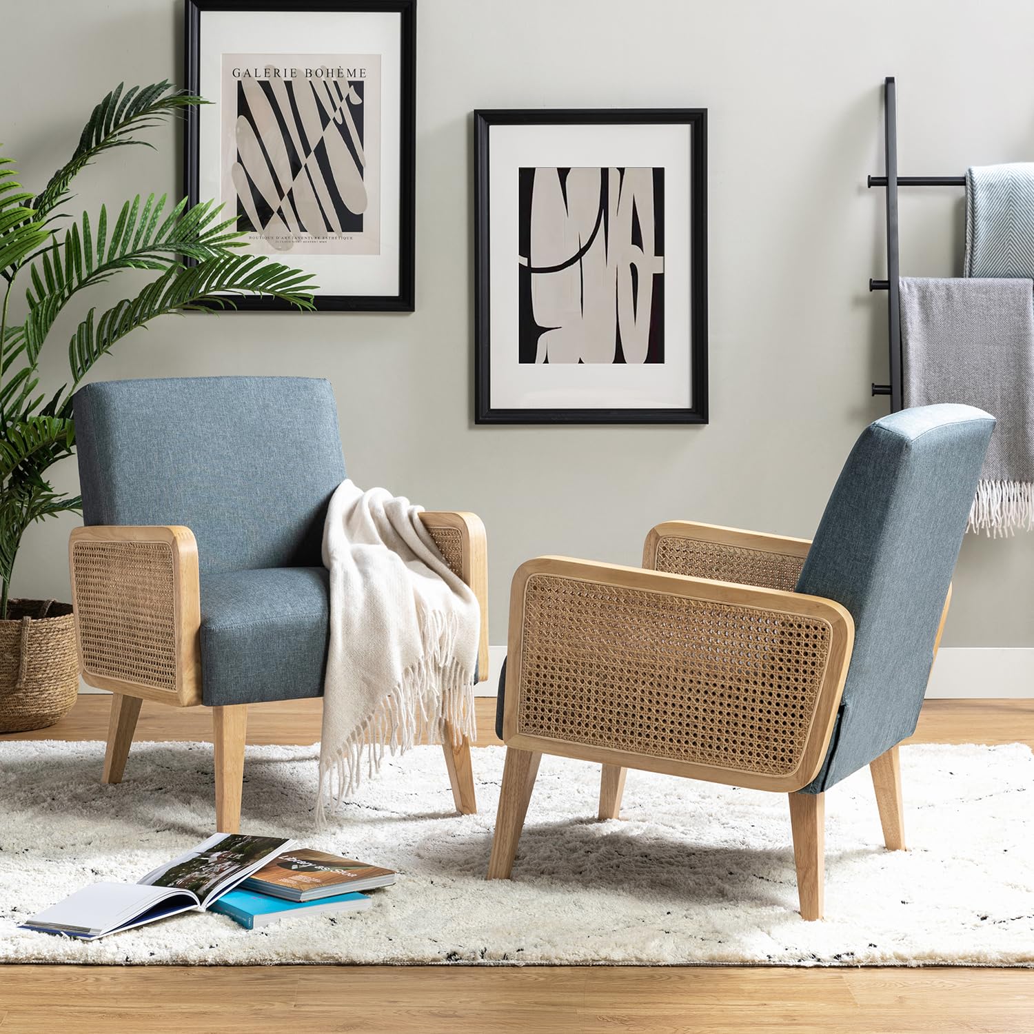 Mid-Century Modern Upholstered Accent Chairs with Rattan Armrest
