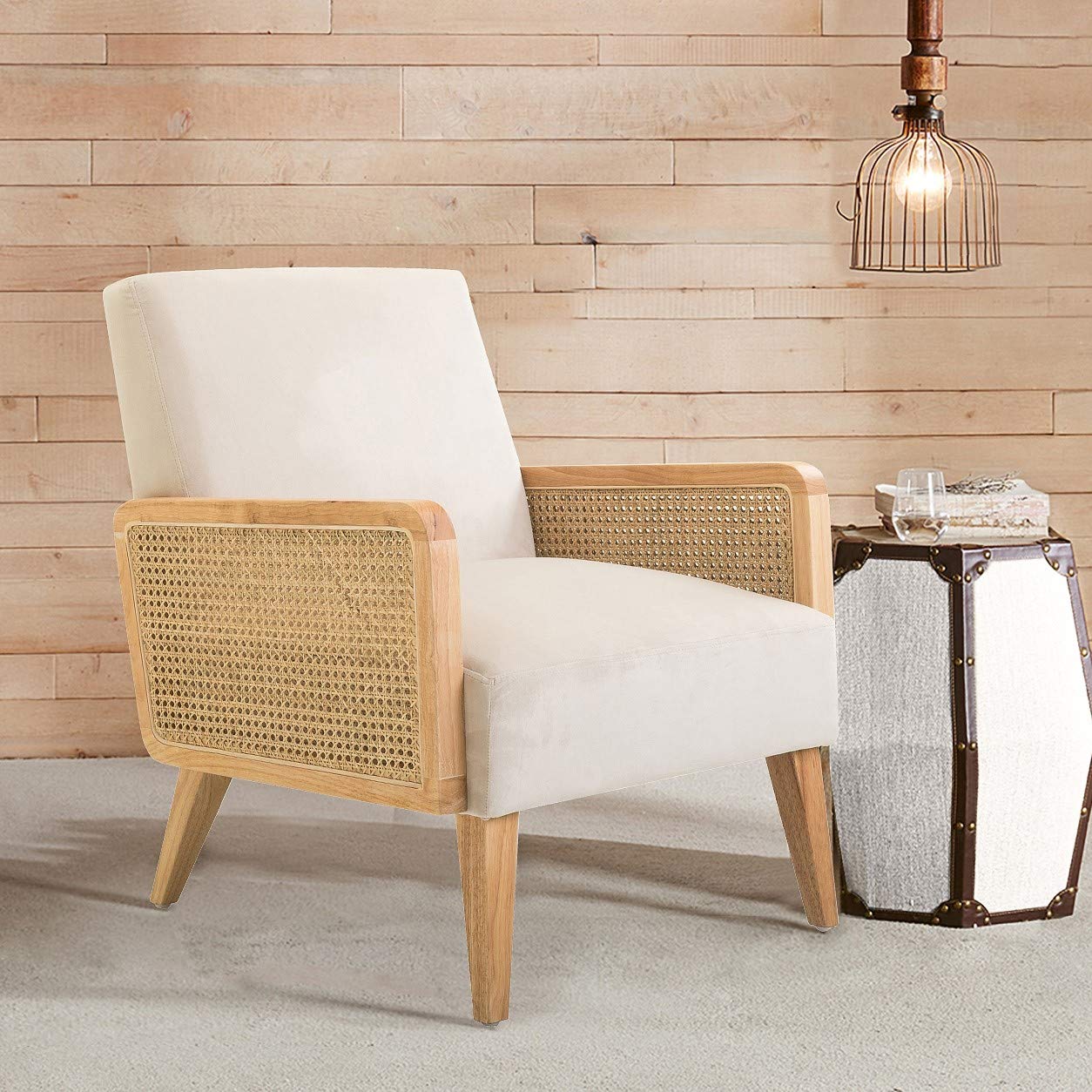 Mid-Century Modern Upholstered Accent Chairs with Rattan Armrest