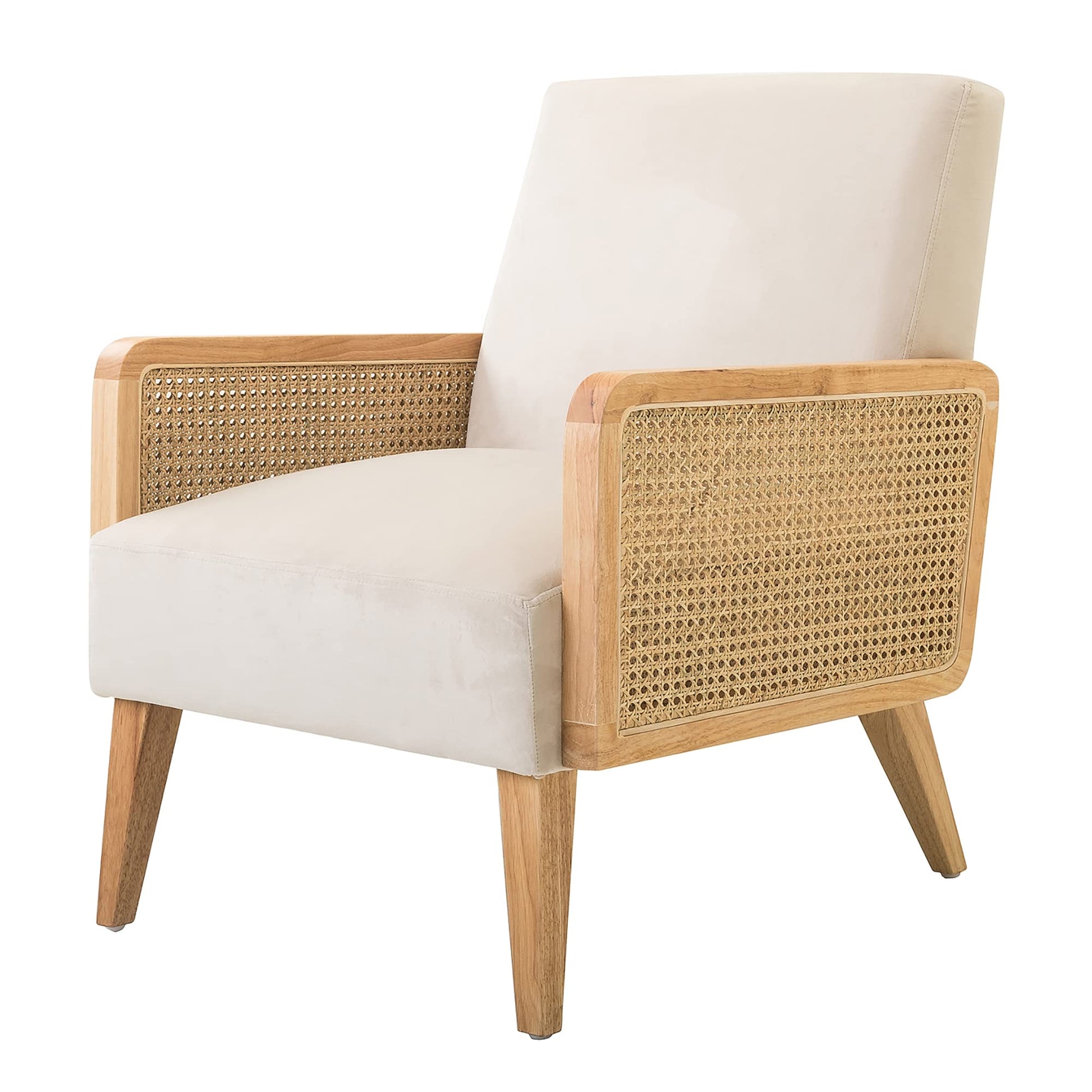 Mid-Century Modern Upholstered Accent Chairs with Rattan Armrest