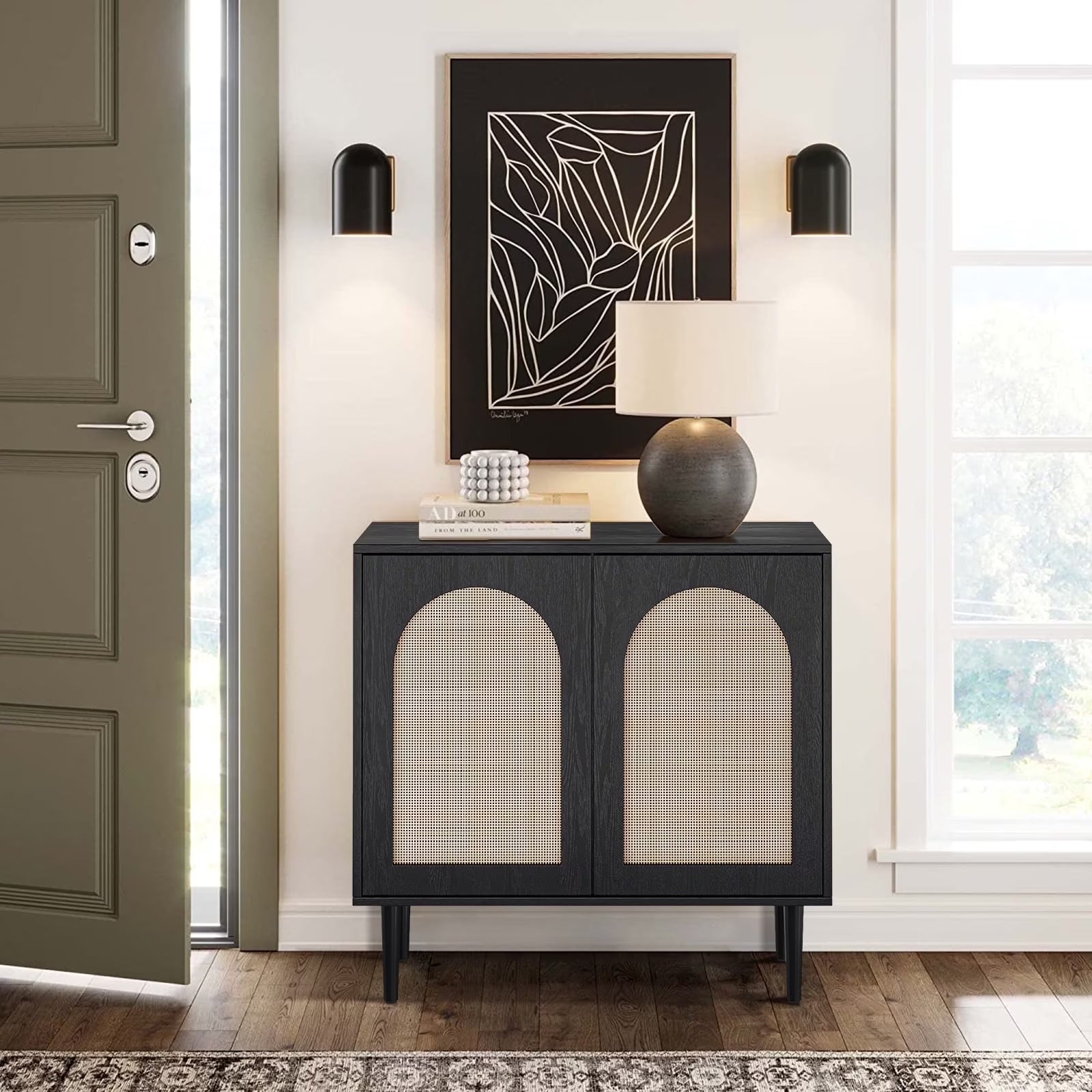 32" Tall 2 Arch Door Accent Storage Cabinet Natural Rattan Door Credenzas Sideboard TV Stand Home Dining Room