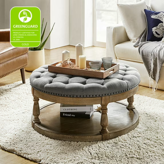 36'' Wide Round Large Ottoman Tufted Coffee Table with Storage Wood Legs Home Living Room