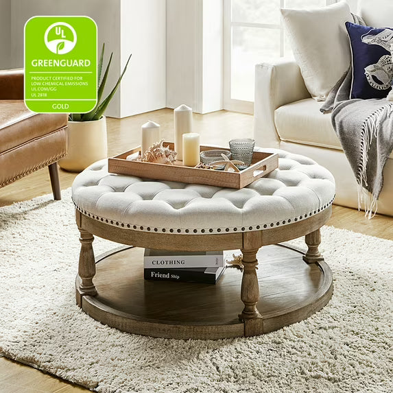 36'' Wide Round Large Ottoman Tufted Coffee Table with Storage Wood Legs Home Living Room