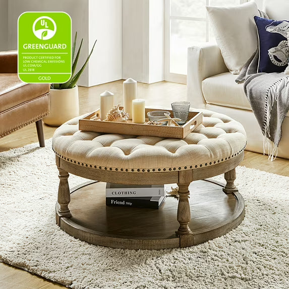 36'' Wide Round Large Ottoman Tufted Coffee Table with Storage Wood Legs Home Living Room