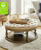 36'' Wide Round Large Ottoman Tufted Coffee Table with Storage Wood Legs Home Living Room