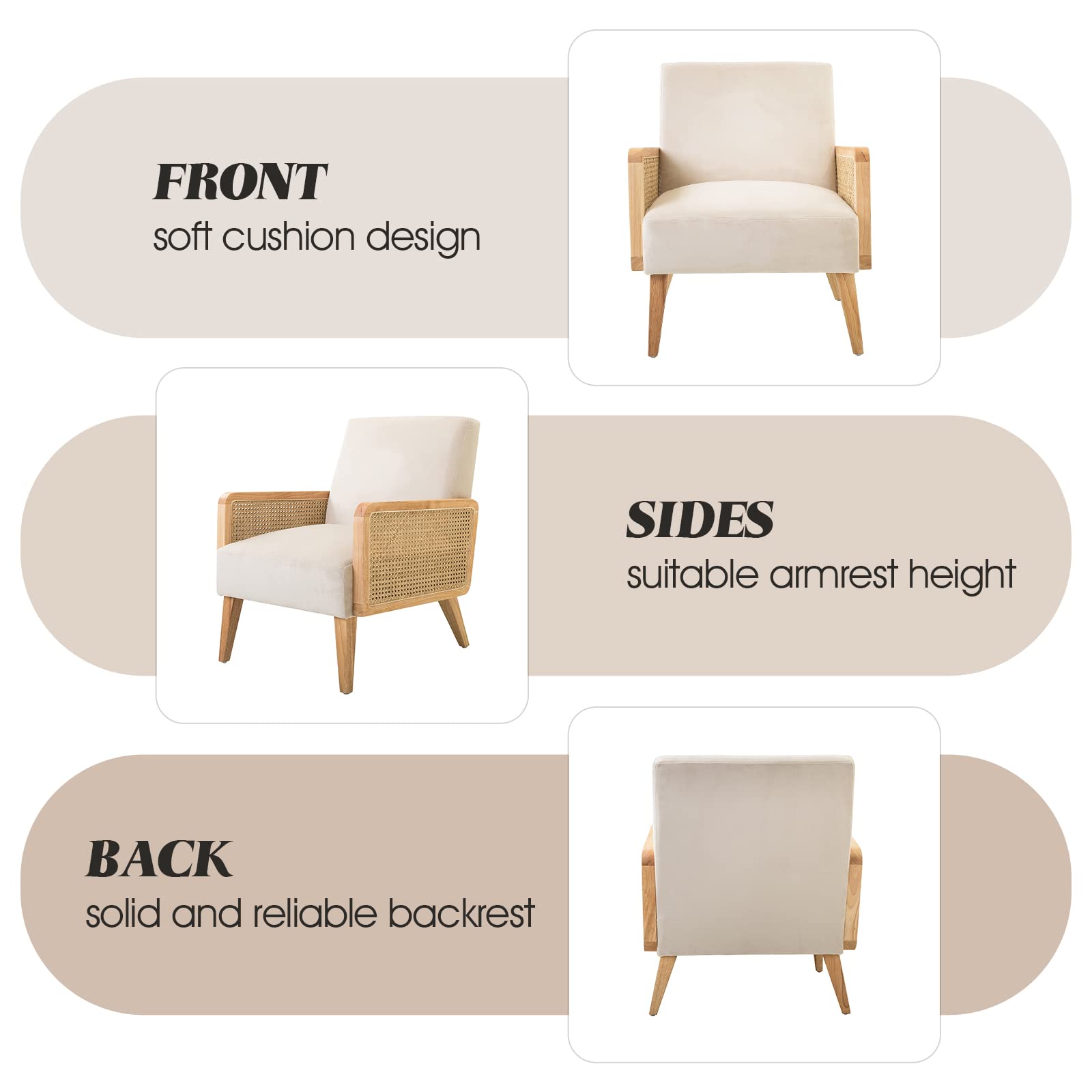 Mid-Century Modern Upholstered Accent Chairs with Rattan Armrest