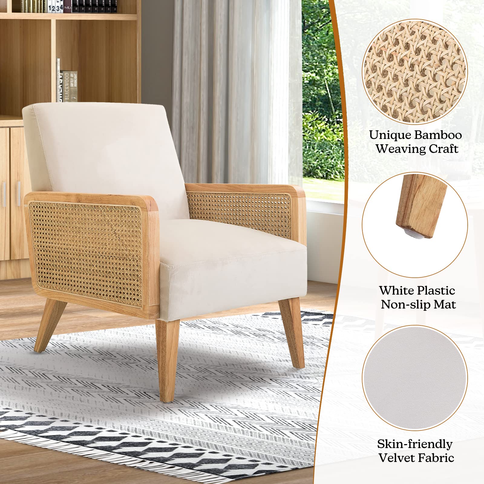 Mid-Century Modern Upholstered Accent Chairs with Rattan Armrest