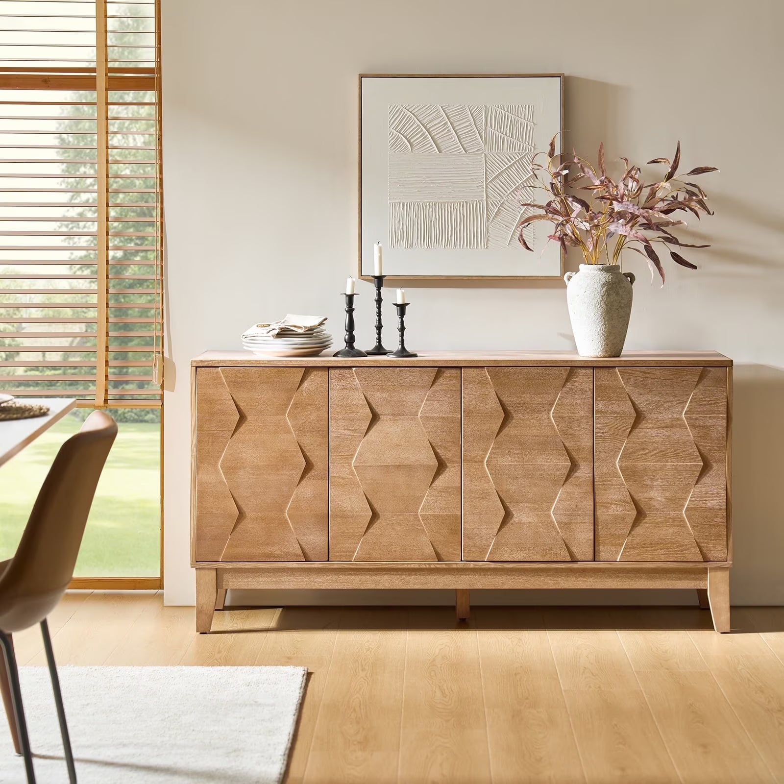 Mid-Century Modern Walnut Sideboard Buffet Cabinetwith 4 Doors and 2 Adjustable Shelves– Solid Wood Legs Dining Room & Kitchen Storage