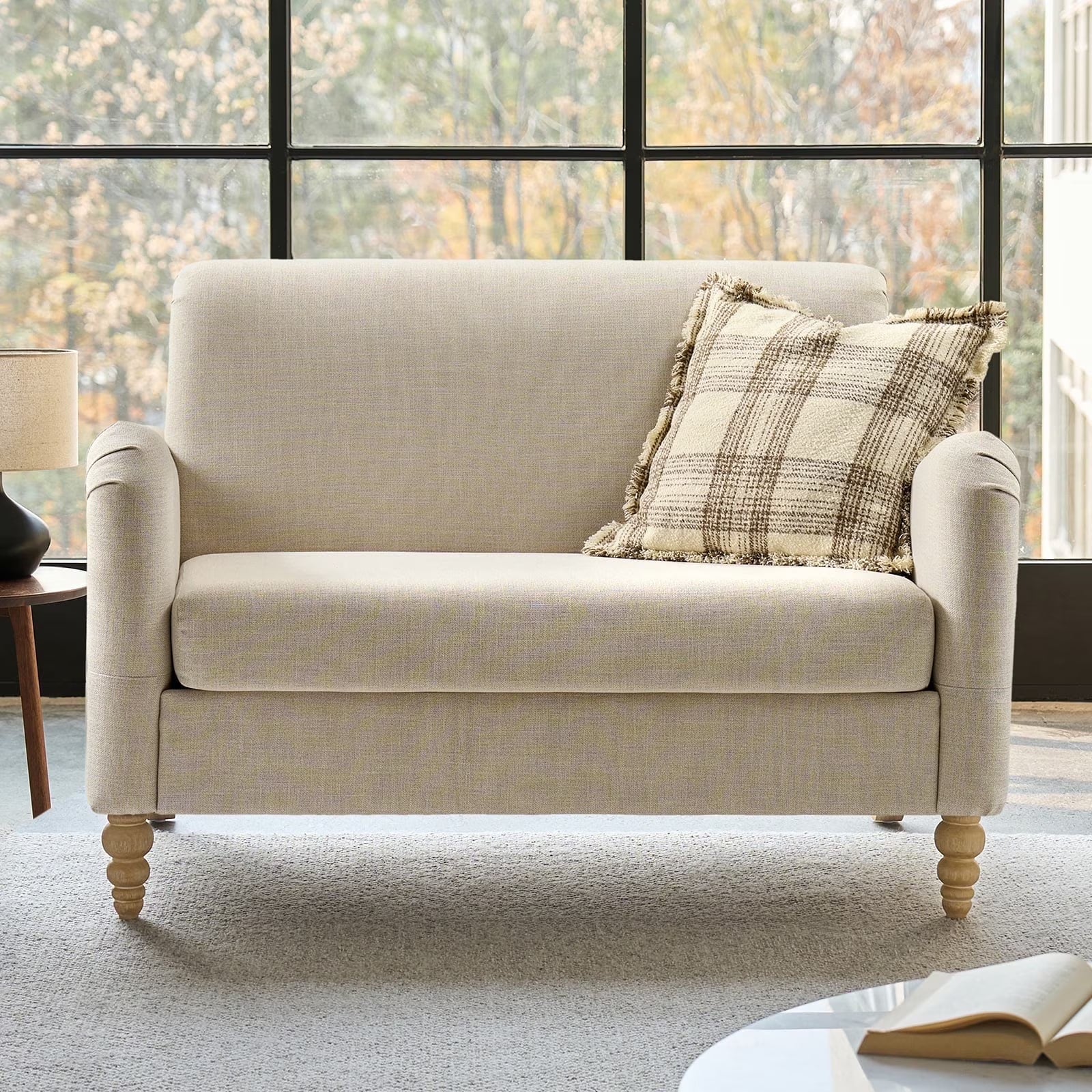 50" Farmhouse Loveseat Sofa, Linen Upholstered Couch with Wide Seat, Sloped Arms and Solid Wood Bobbin Legs