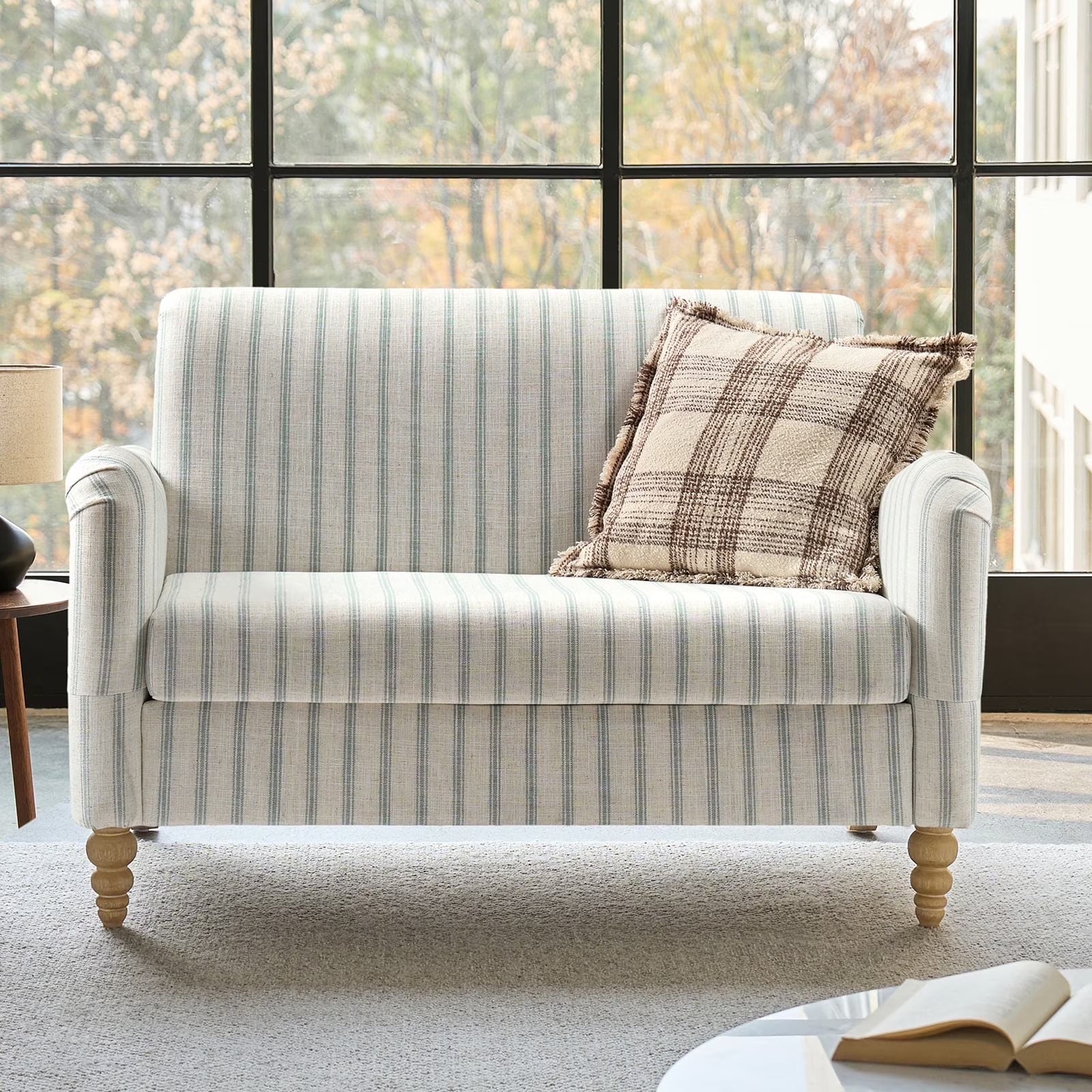 50" Farmhouse Loveseat Sofa, Linen Upholstered Couch with Wide Seat, Sloped Arms and Solid Wood Bobbin Legs