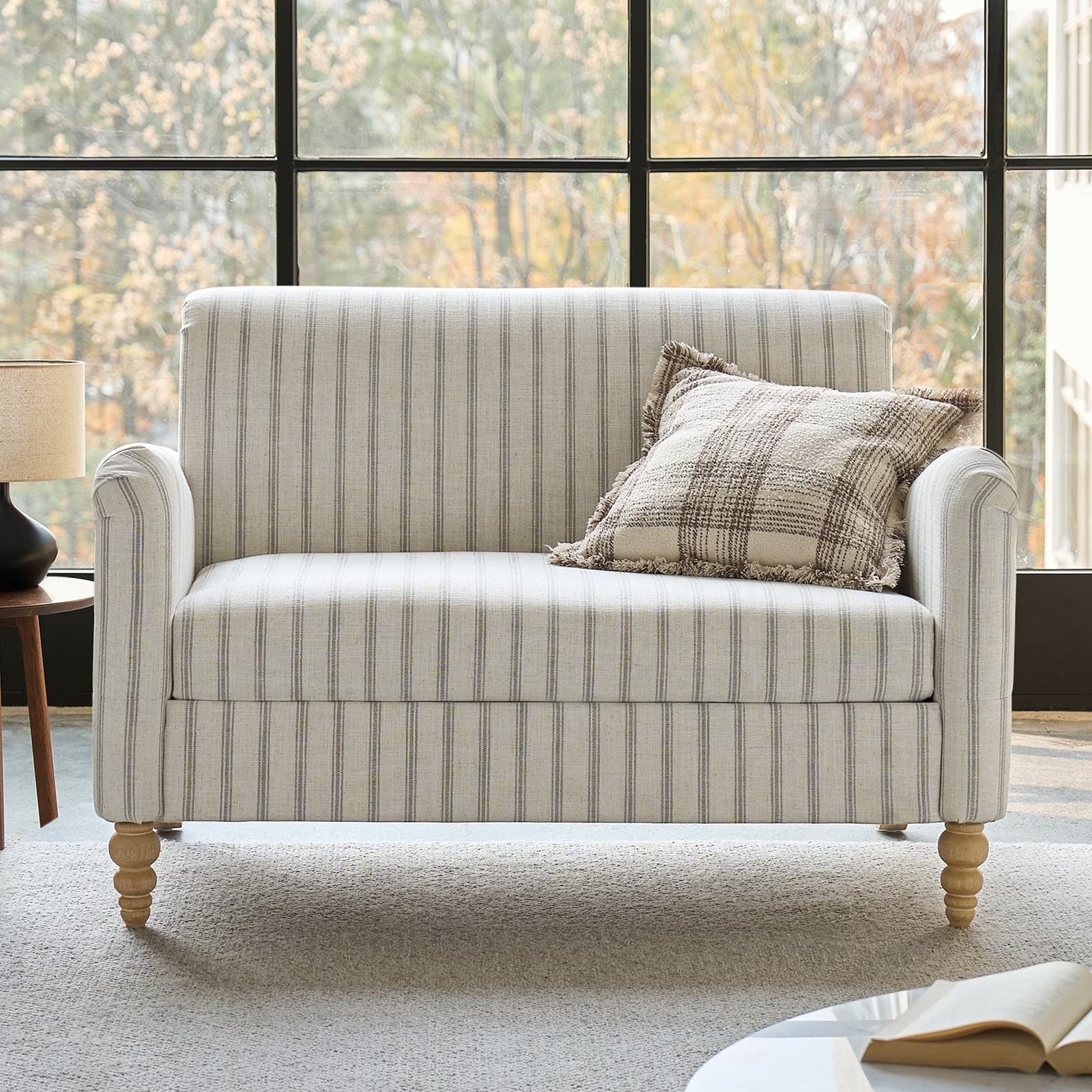 50" Farmhouse Loveseat Sofa, Linen Upholstered Couch with Wide Seat, Sloped Arms and Solid Wood Bobbin Legs