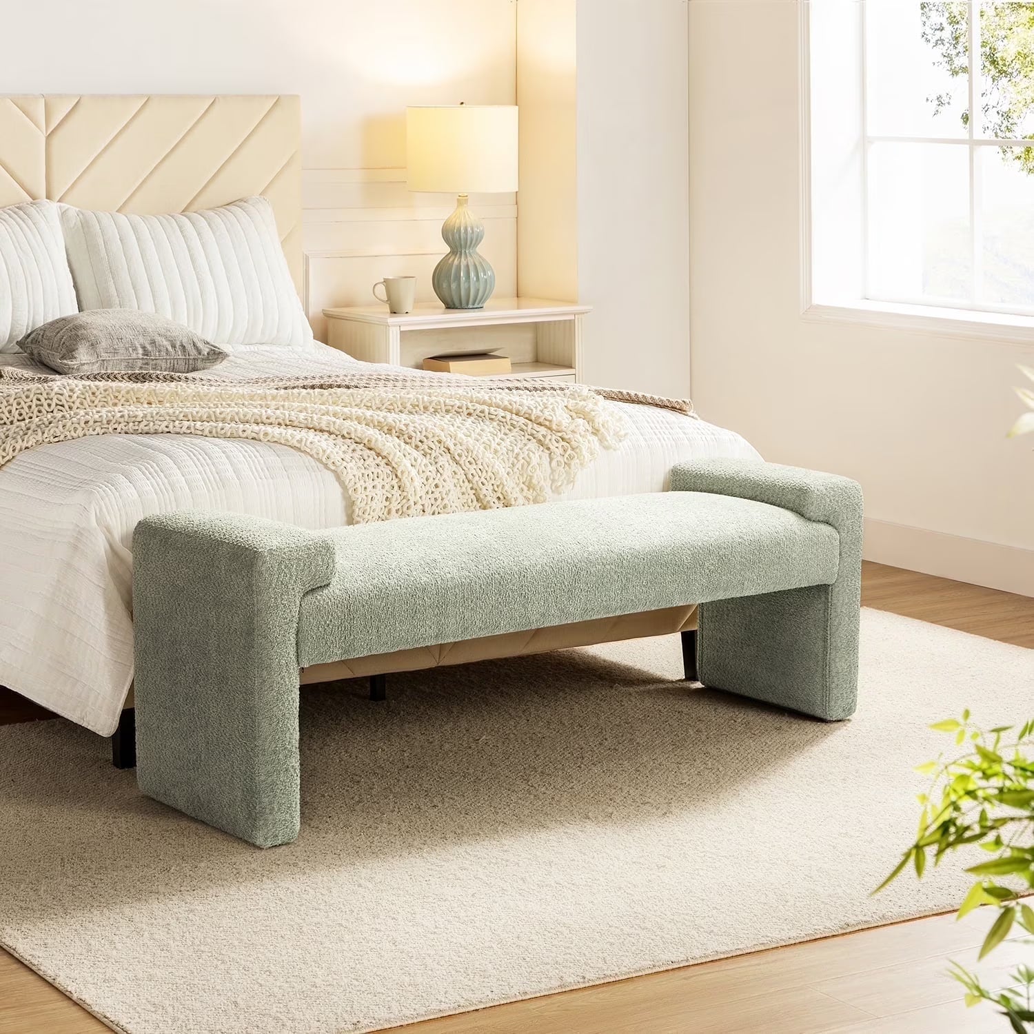 58" Ottoman Bench Upholstered Chenille Fabric Accent Bed Foot Stool Footrest Wood Legs Home Entryway Hallway Living Bedroom 58.5"Wx17"Dx20"H