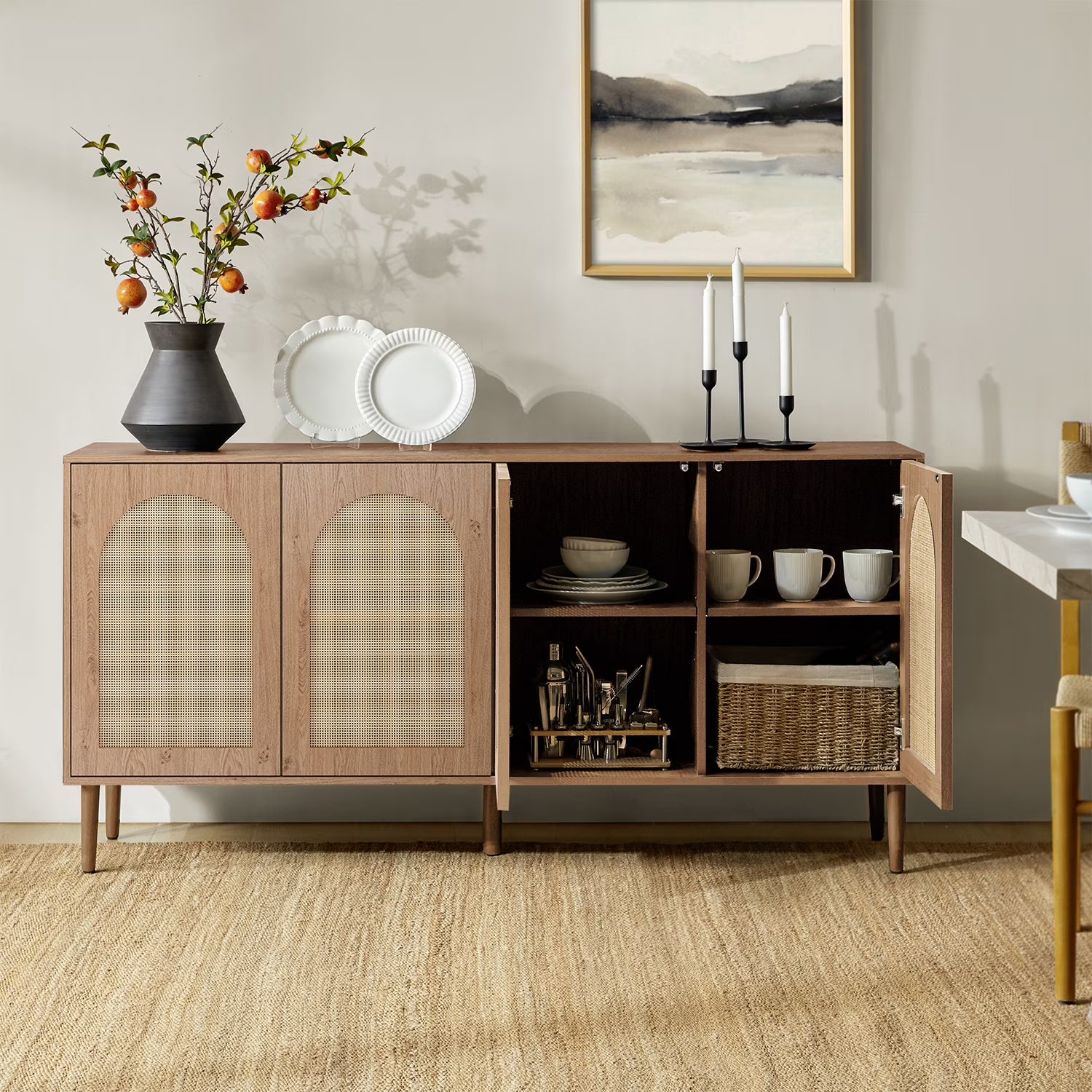 63" Wooden 4 Rattan Arch Doors Sideboard Kitchen Storage TV Stand Cabinet Home Living Room Adult