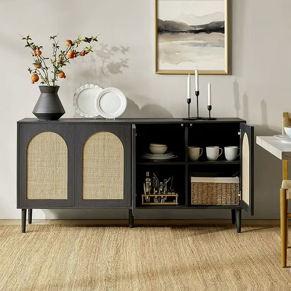 63" Wooden 4 Rattan Arch Doors Sideboard Kitchen Storage TV Stand Cabinet Home Living Room Adult