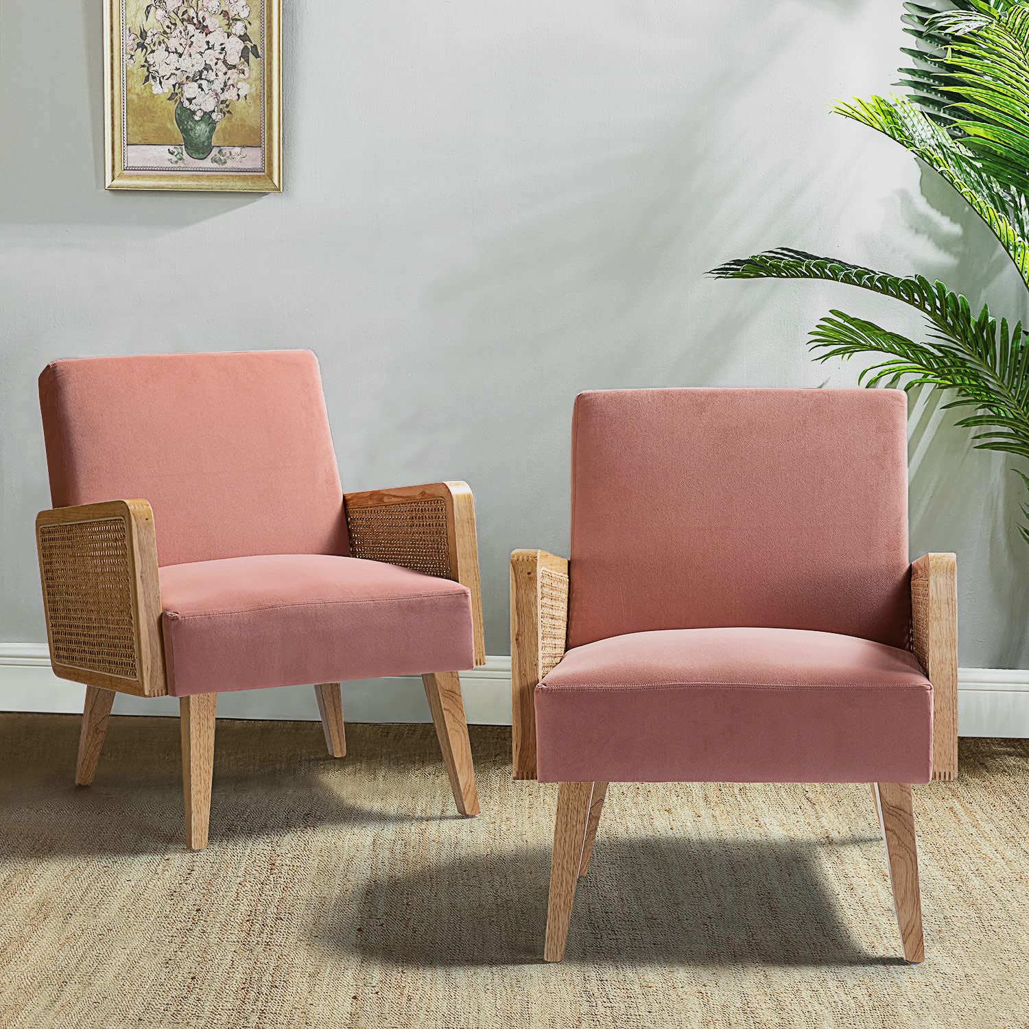 Mid-Century Modern Upholstered Accent Chairs with Rattan Armrest