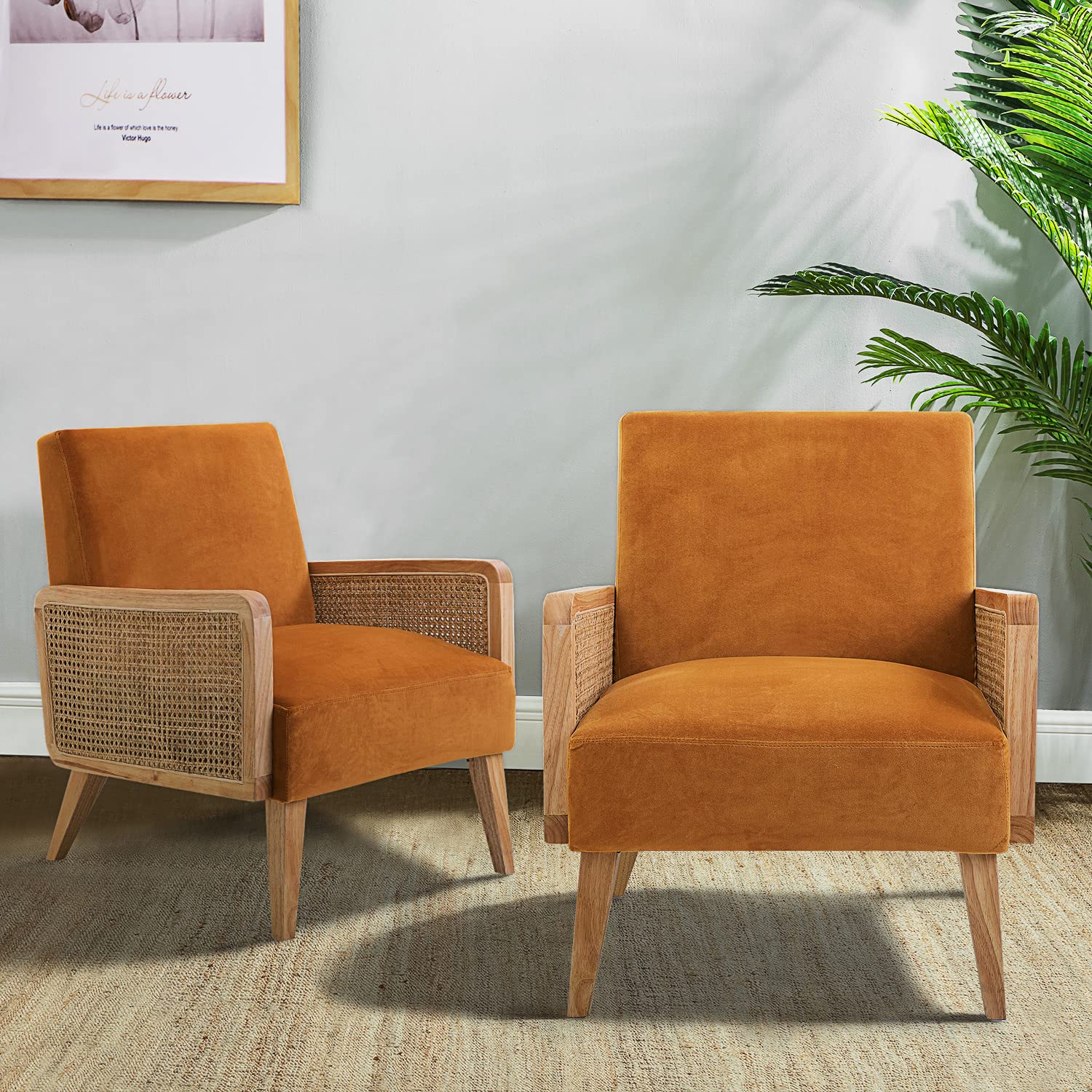 Mid-Century Modern Upholstered Accent Chairs with Rattan Armrest