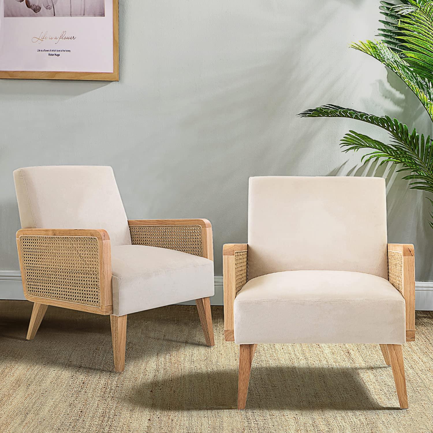 Mid-Century Modern Upholstered Accent Chairs with Rattan Armrest