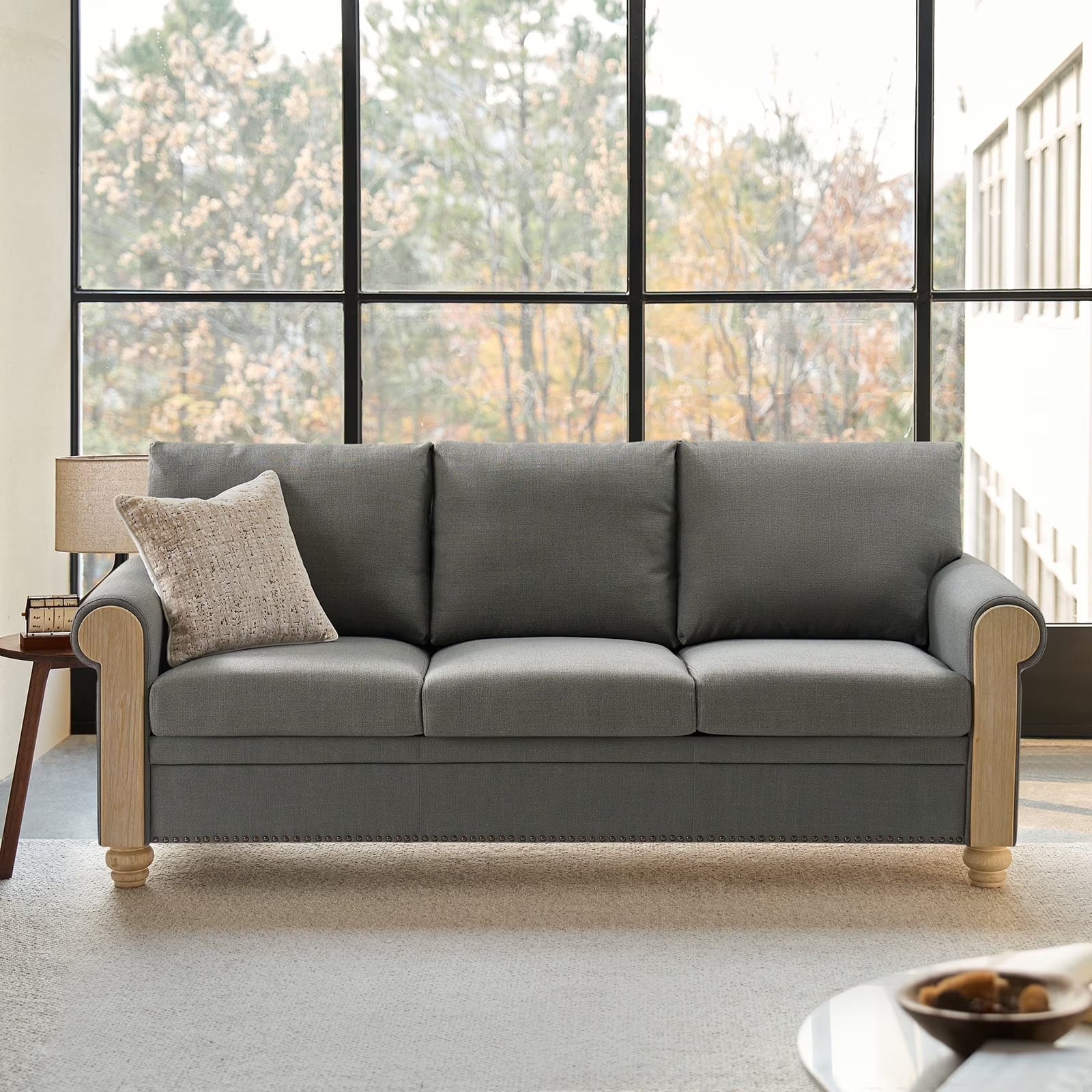81" 3-Seater Farmhouse Sofa with Solid Print Wood Round Arms and Solid Wood Legs Sofa for Living Room