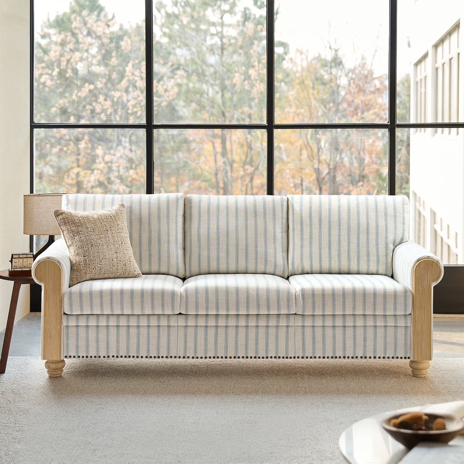 81" 3-Seater Farmhouse Sofa with Solid Print Wood Round Arms and Solid Wood Legs Sofa for Living Room