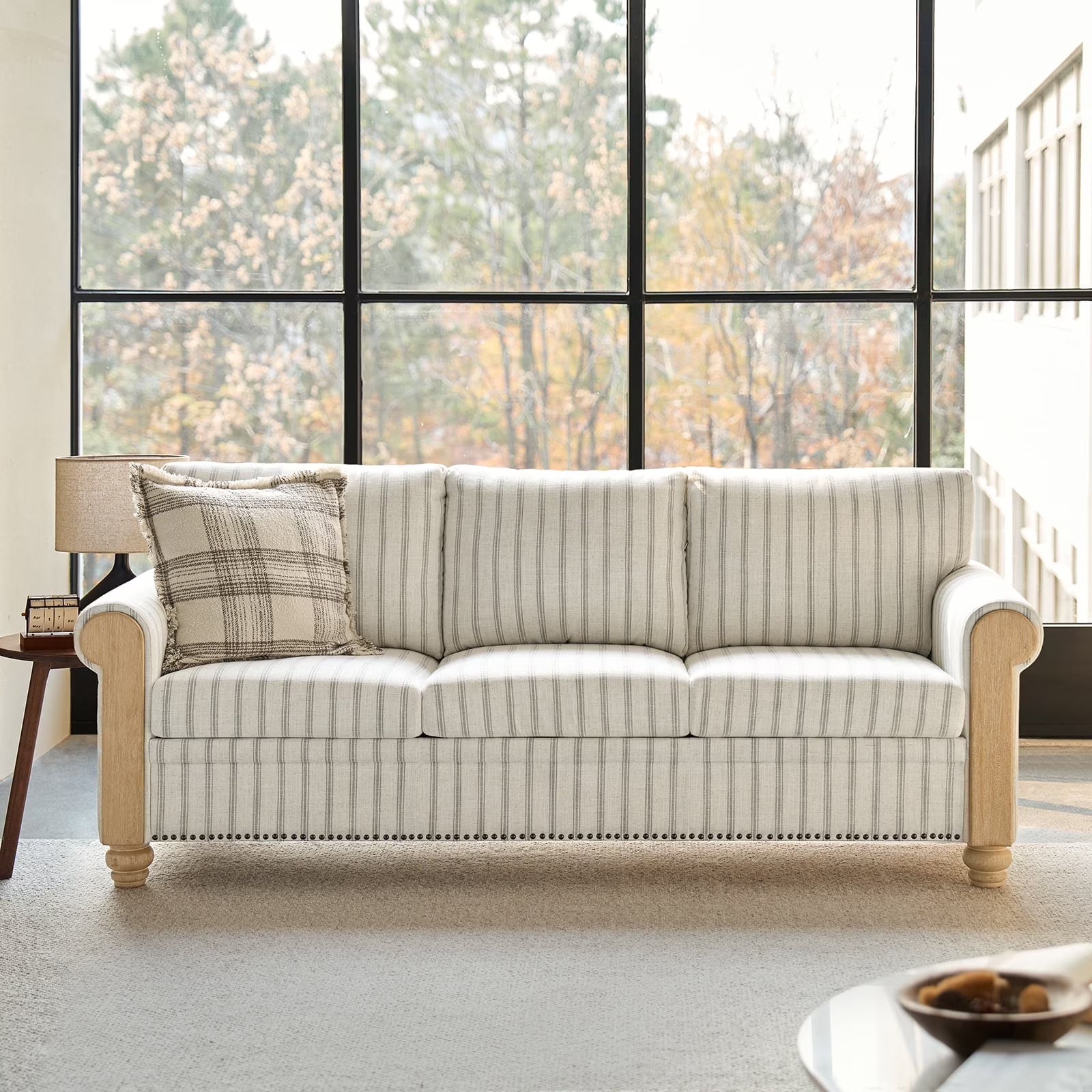 81" 3-Seater Farmhouse Sofa with Solid Print Wood Round Arms and Solid Wood Legs Sofa for Living Room