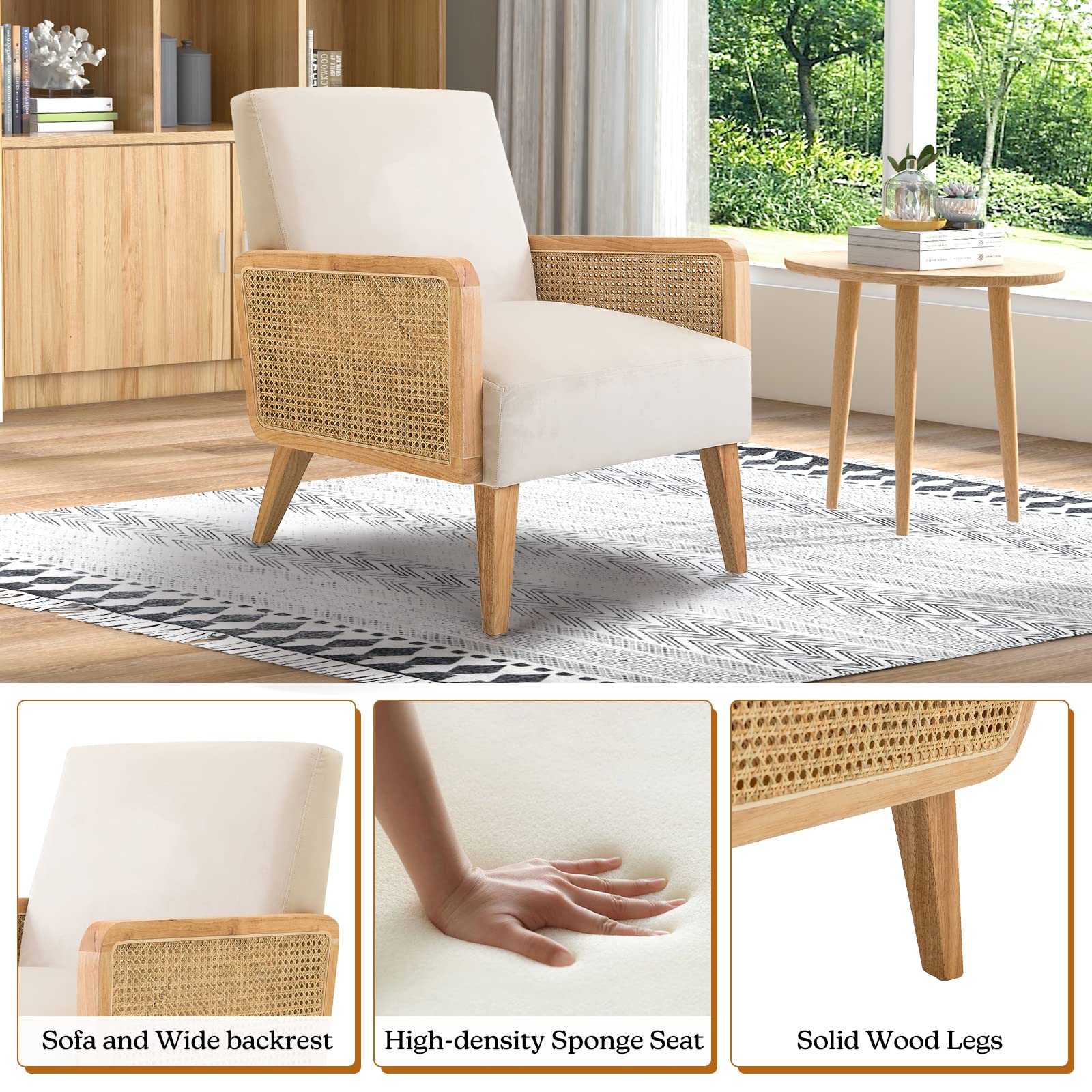 Mid-Century Modern Upholstered Accent Chairs with Rattan Armrest