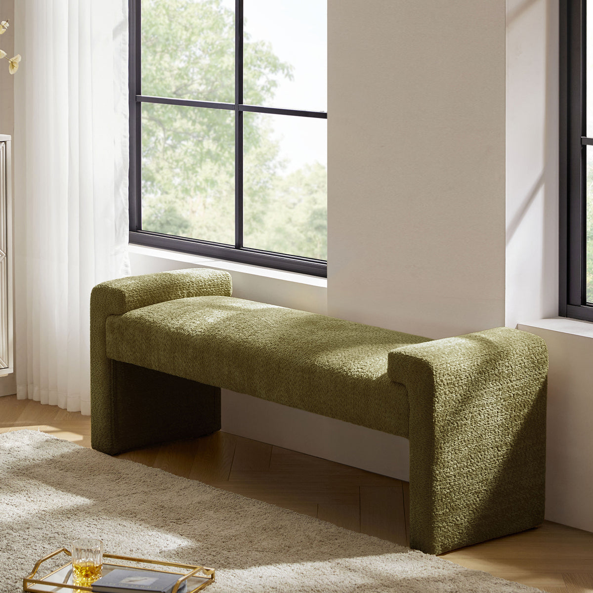 58" Ottoman Bench Upholstered Chenille Fabric Accent Bed Foot Stool Footrest Wood Legs Home Entryway Hallway Living Bedroom 58.5"Wx17"Dx20"H