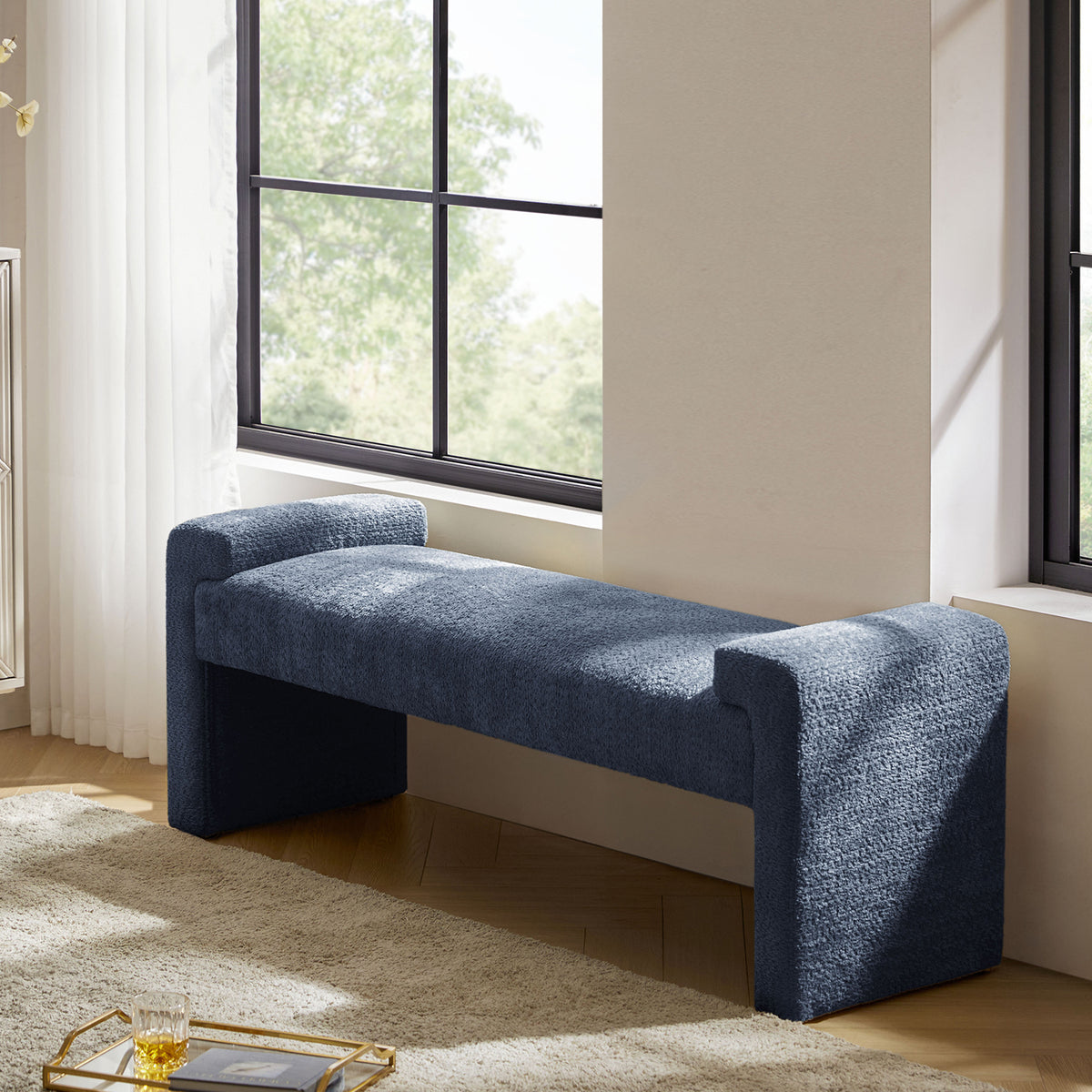 58" Ottoman Bench Upholstered Chenille Fabric Accent Bed Foot Stool Footrest Wood Legs Home Entryway Hallway Living Bedroom 58.5"Wx17"Dx20"H