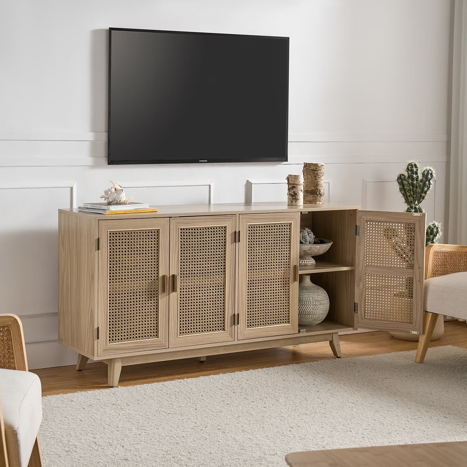 Wooden Rattan Sideboard TV Stand 4 Doors Storage Cabinet Credenzas Table TVs up to 65" Buffet Home Living Room Kitchen