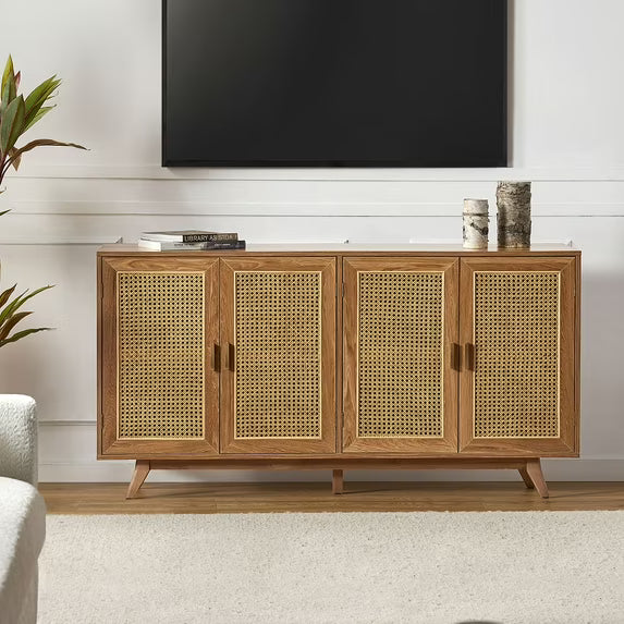 Wooden Rattan Sideboard TV Stand 4 Doors Storage Cabinet Credenzas Table TVs up to 65" Buffet Home Living Room Kitchen