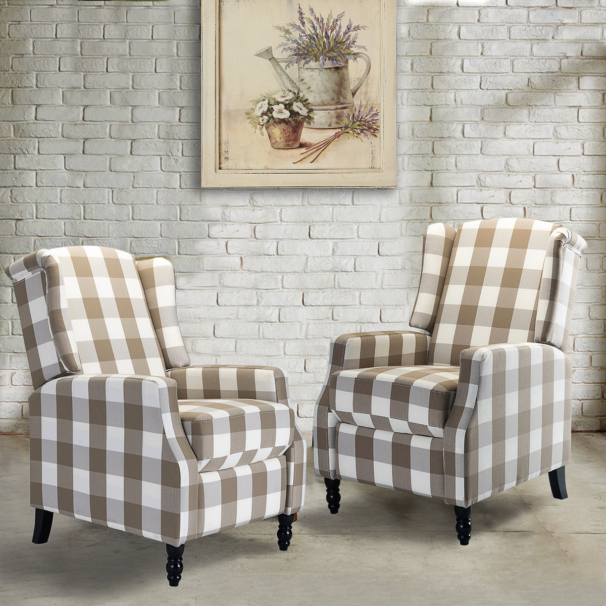 Traditional Push-Back Plaid Upholstered Wingback Recliner 27"Wx34.5"Dx41"H