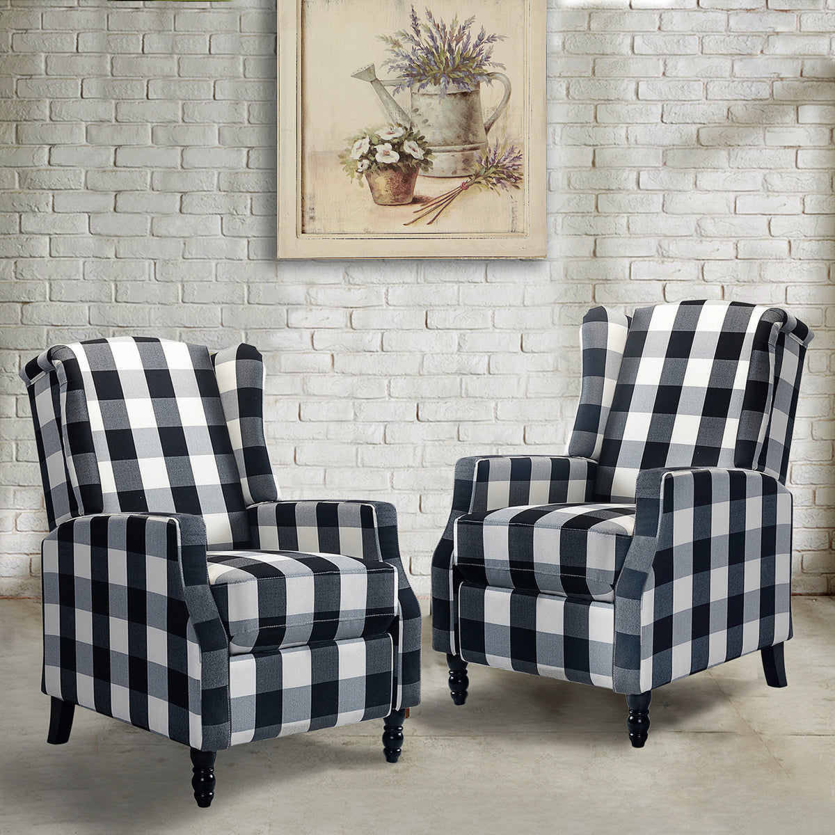 Traditional Push-Back Plaid Upholstered Wingback Recliner 27"Wx34.5"Dx41"H