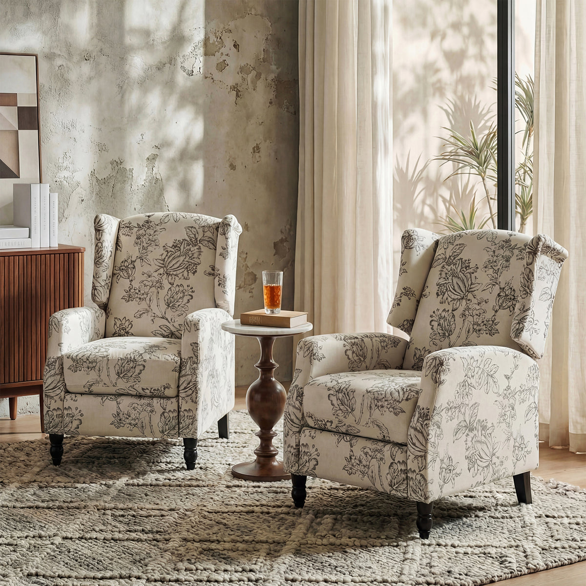 Traditional Push-Back Plaid Upholstered Wingback Recliner 27"Wx34.5"Dx41"H