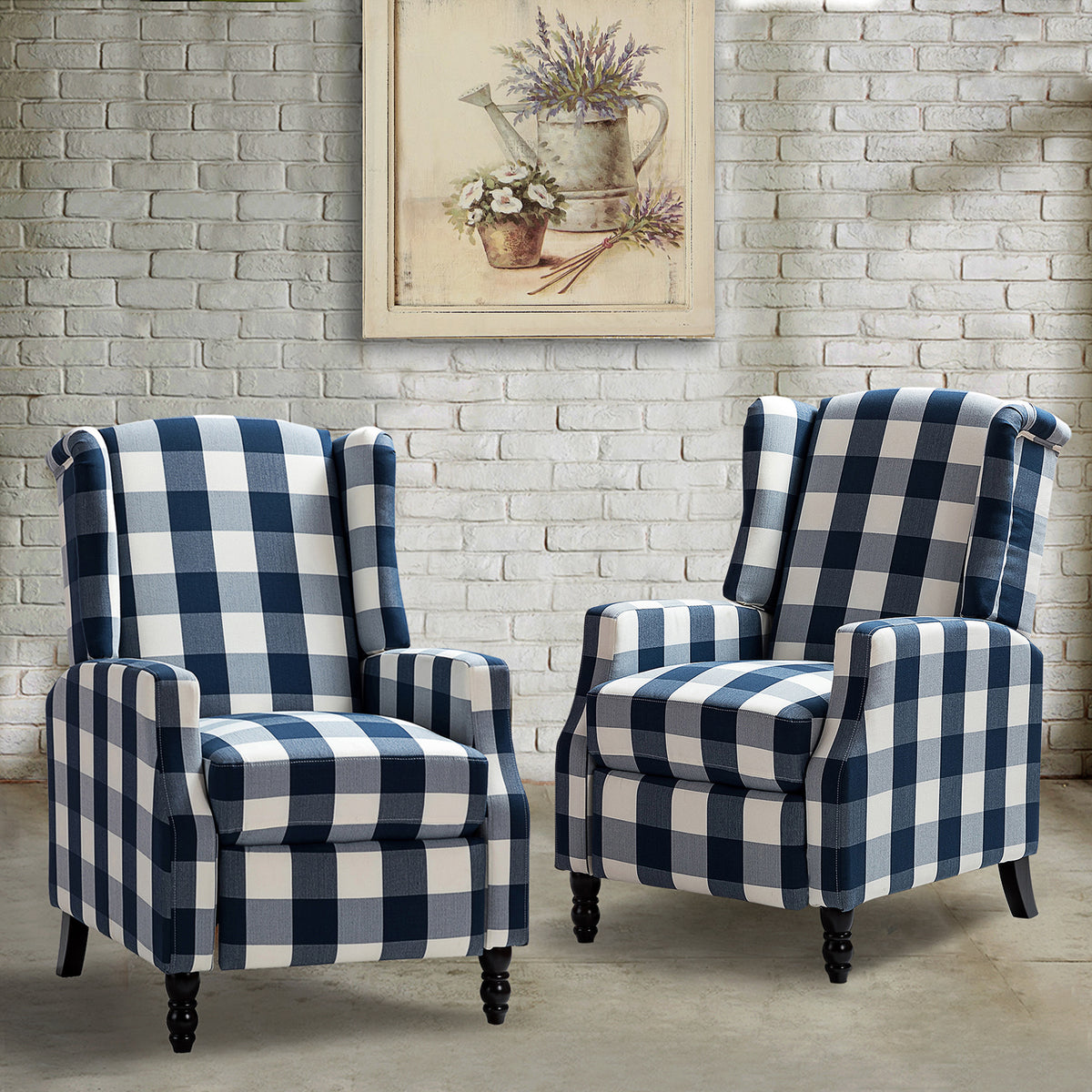Traditional Push-Back Plaid Upholstered Wingback Recliner 27"Wx34.5"Dx41"H