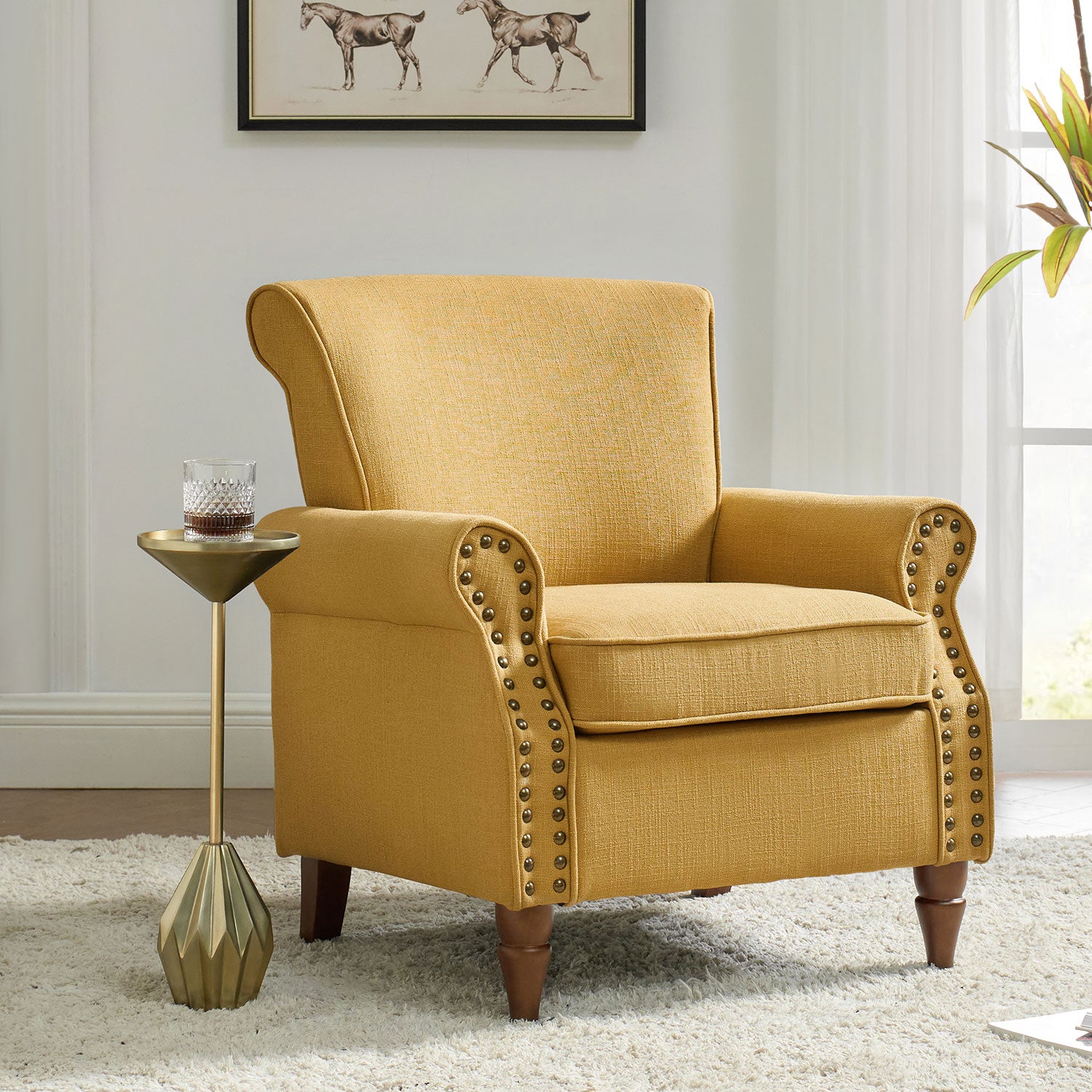 Upholstered Sofa Armchair Fabric Wingback Accent Chair Wood Legs Nailhead Trim Home Living Room Bedroom