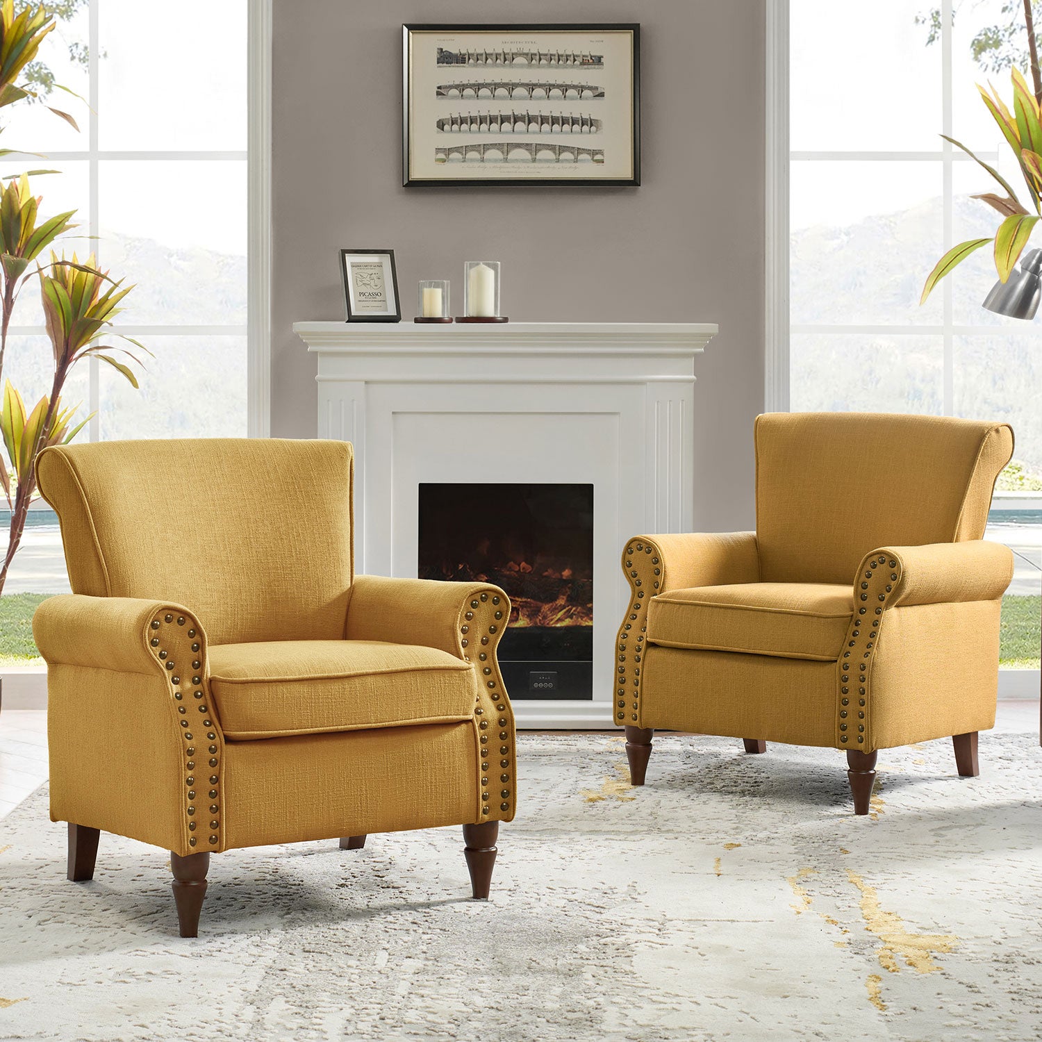 Upholstered Sofa Armchair Fabric Wingback Accent Chair Wood Legs Nailhead Trim Home Living Room Bedroom