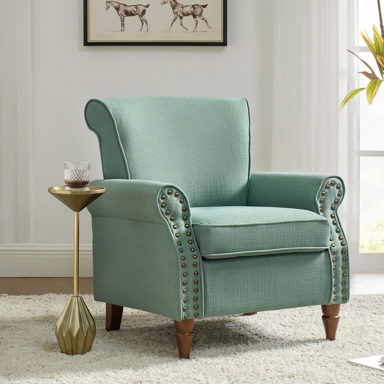 Upholstered Sofa Armchair Fabric Wingback Accent Chair Wood Legs Nailhead Trim Home Living Room Bedroom