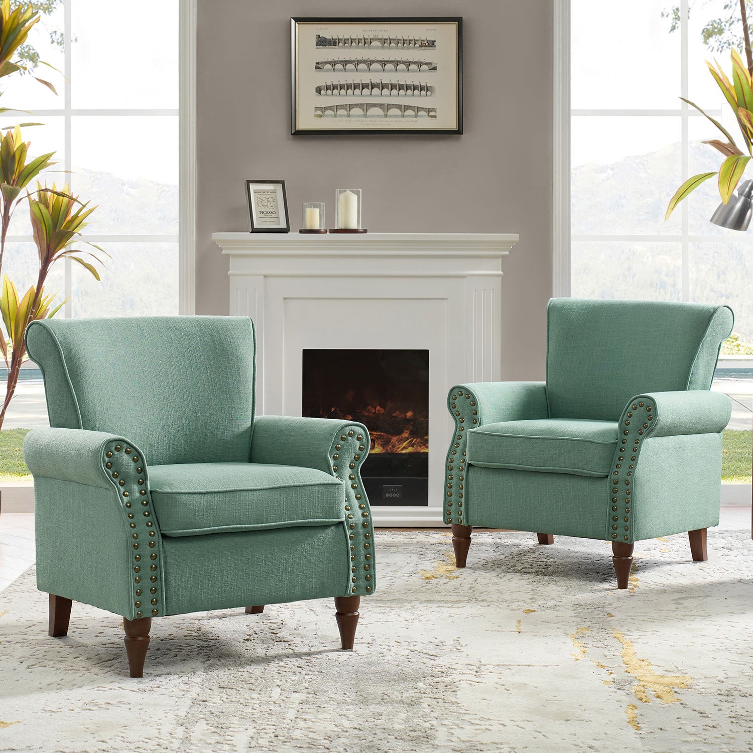 Upholstered Sofa Armchair Fabric Wingback Accent Chair Wood Legs Nailhead Trim Home Living Room Bedroom