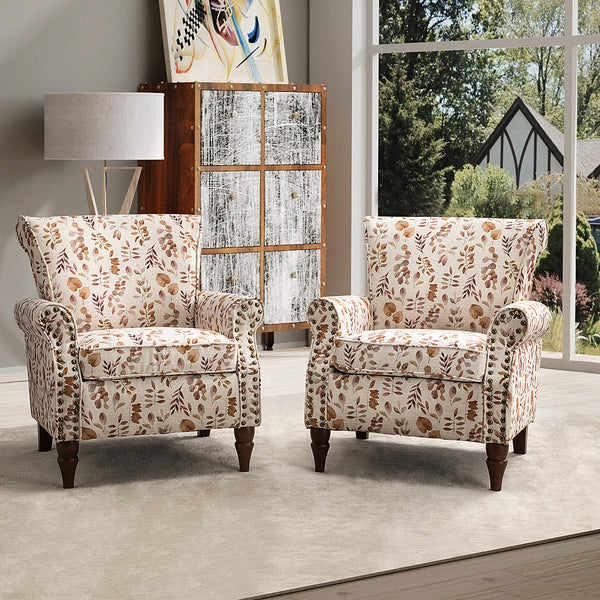 Wingback Accent Chairs Set of 2  Floral Upholstered Armchair Upholstered Living Room