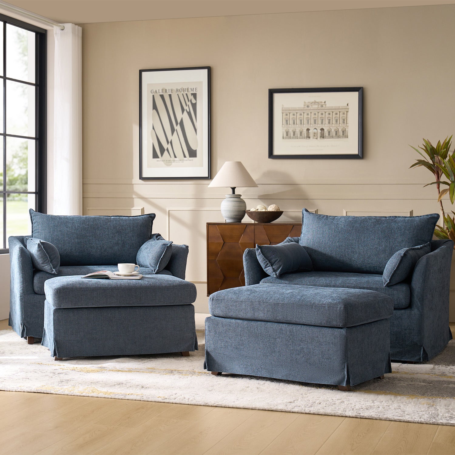 Farmhouse Oversized 1.5-Seater Accent Chair with Ottoman – Removable Linen Slipcover, Solid Wood Legs, Reversible Cushion, Lockable Wheels