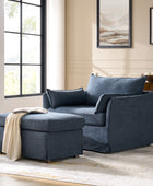 Farmhouse Oversized 1.5-Seater Accent Chair with Ottoman – Removable Linen Slipcover, Solid Wood Legs, Reversible Cushion, Lockable Wheels
