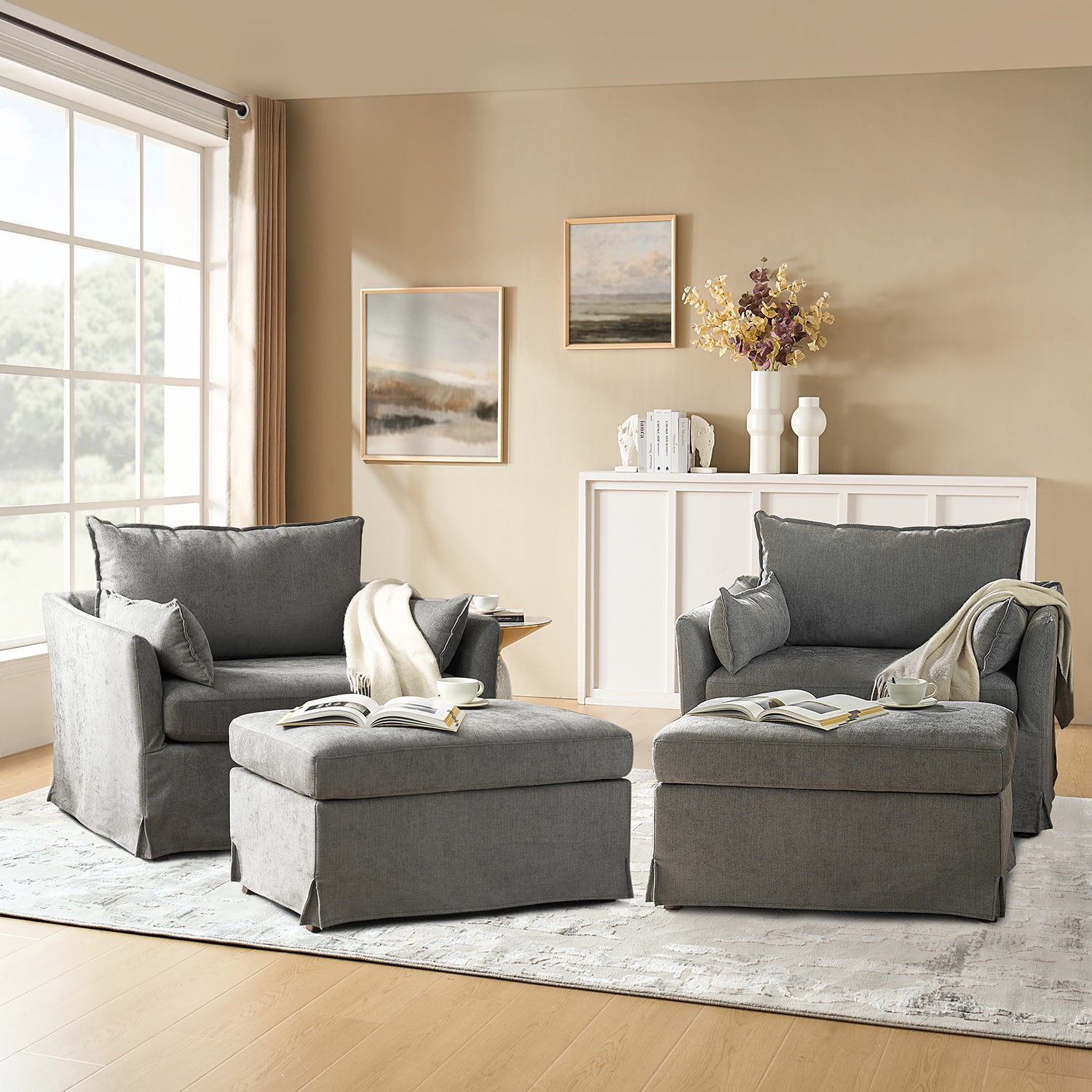 Farmhouse Oversized 1.5-Seater Accent Chair with Ottoman – Removable Linen Slipcover, Solid Wood Legs, Reversible Cushion, Lockable Wheels