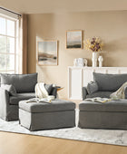 Farmhouse Oversized 1.5-Seater Accent Chair with Ottoman – Removable Linen Slipcover, Solid Wood Legs, Reversible Cushion, Lockable Wheels