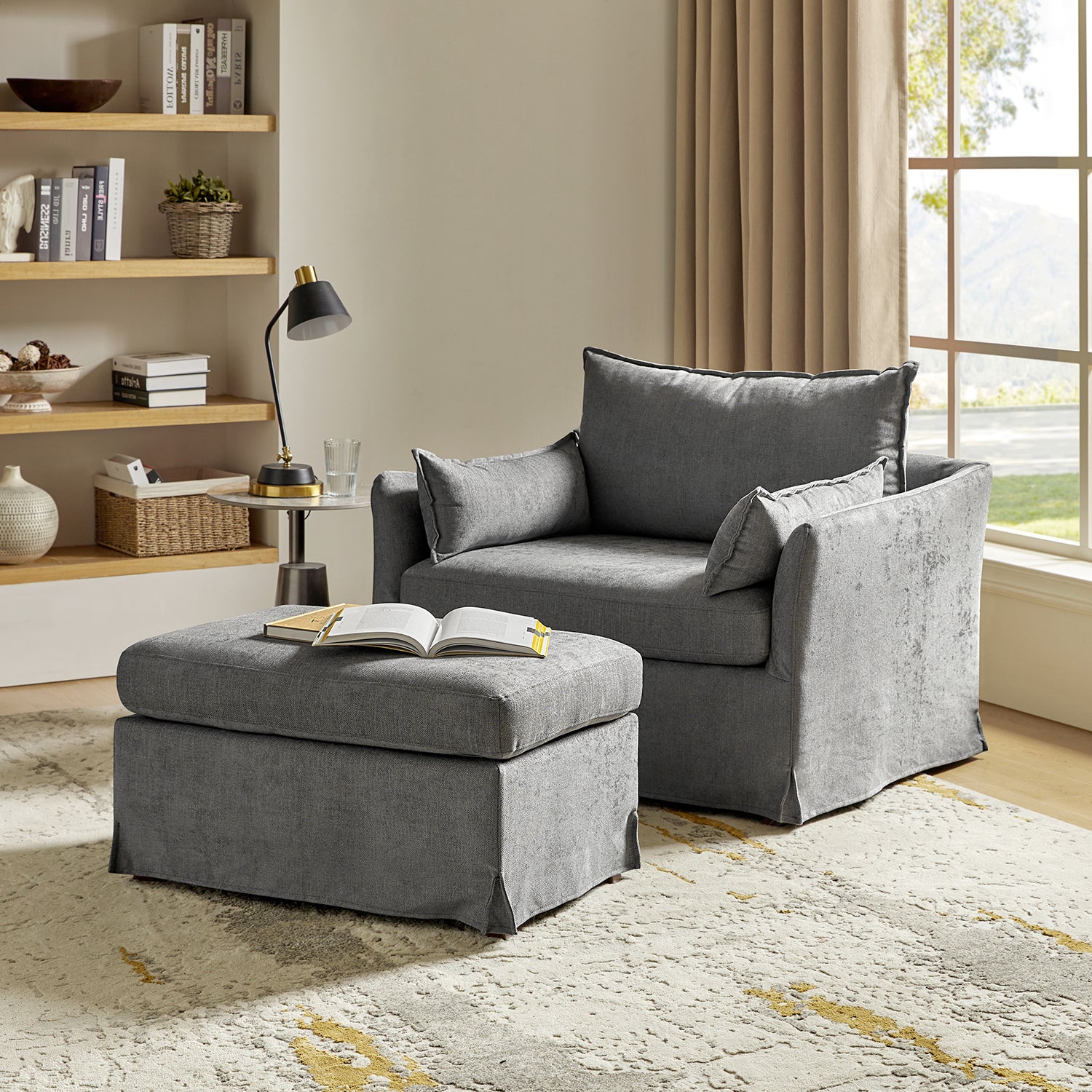 Farmhouse Oversized 1.5-Seater Accent Chair with Ottoman – Removable Linen Slipcover, Solid Wood Legs, Reversible Cushion, Lockable Wheels