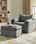 Farmhouse Oversized 1.5-Seater Accent Chair with Ottoman – Removable Linen Slipcover, Solid Wood Legs, Reversible Cushion, Lockable Wheels