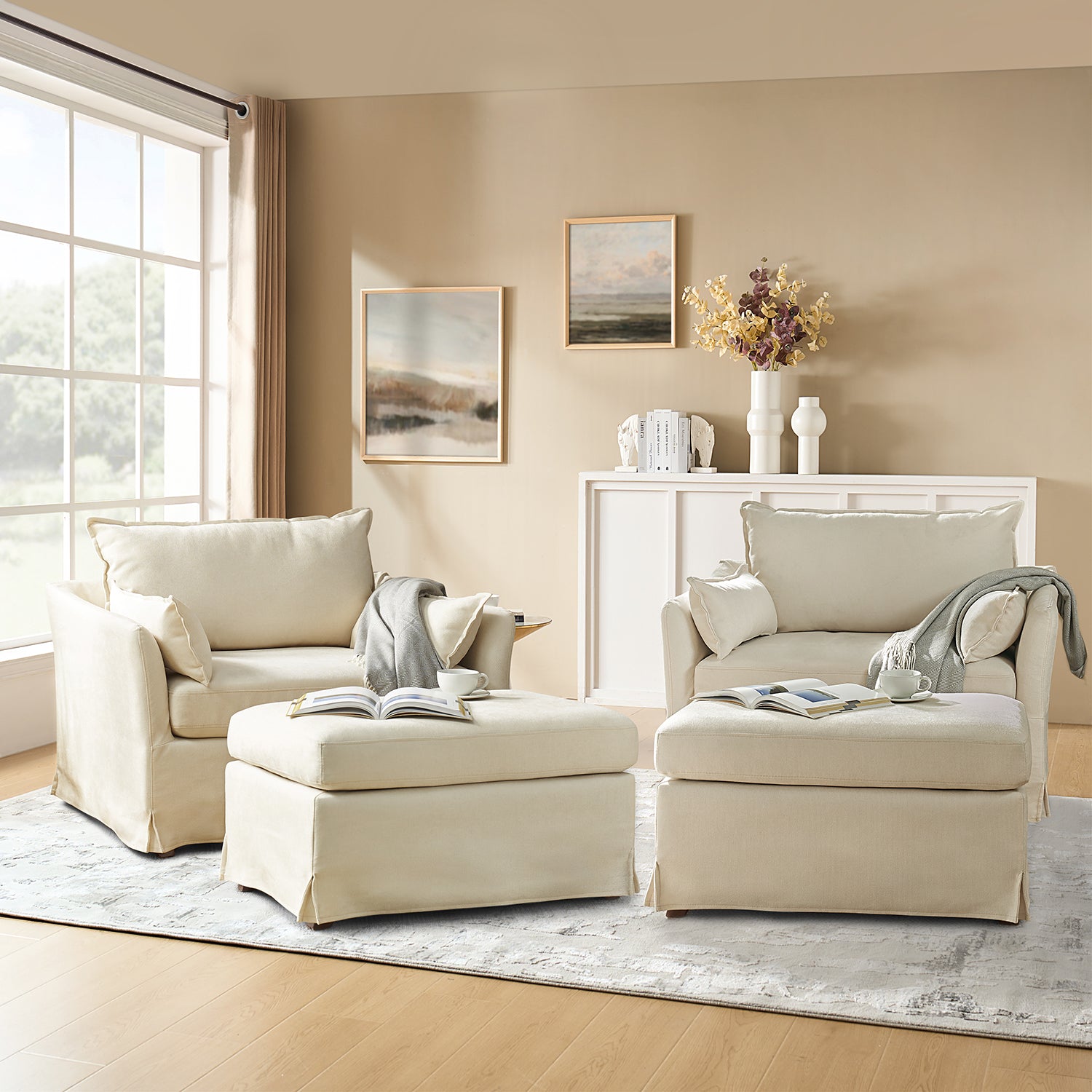 Farmhouse Oversized 1.5-Seater Accent Chair with Ottoman – Removable Linen Slipcover, Solid Wood Legs, Reversible Cushion, Lockable Wheels