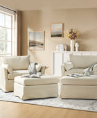Farmhouse Oversized 1.5-Seater Accent Chair with Ottoman – Removable Linen Slipcover, Solid Wood Legs, Reversible Cushion, Lockable Wheels